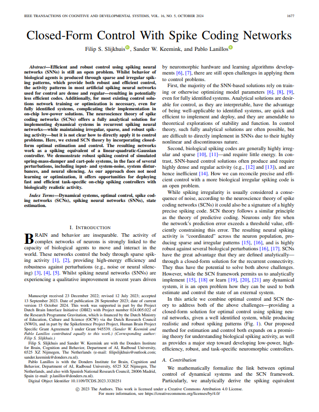 Closed-Form Control With Spike Coding Networks